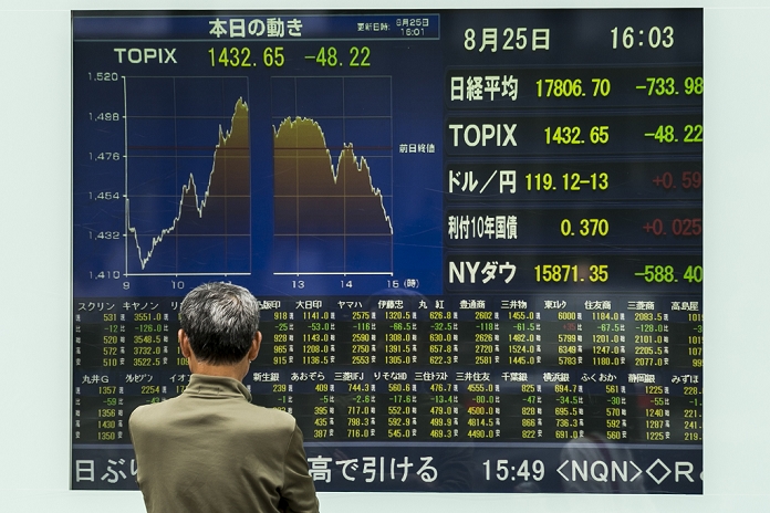 Nikkei 225 fluctuates wildly Closing price below 18,000 yen A man looks at an electronic board showing the 225 issue Nikkei Stock Average which dropped 733.98 points or 3.96 percent to 17,806.70 at the end of trading on Tuesday, August 25, 2015, Tokyo, Japan. The Tokyo Stock Exchange briefly rallied in early trading before tumbling to its lowest level in six months along with other Asian financial markets as Chinese stocks fell again. On Monday China s stock market plummeted 8.5  resulting in major losses worldwide.  Photo by Rodrigo Reyes Marin AFLO 