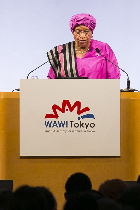 Creating a society where women can shine International Symposium in Tokyo President of Republic of Liberia Ellen Johnson Sirleaf speaks during The World Assembly for Women in Tokyo: WAW  2015 on August 28, 2015, Tokyo, Japan. About 140 female leader  from 40 countries and 7 international organizations  attended the   WAW  2015   to discuss the roles of women in politics, business and society. Prime Minister Abe has set a goal of increasing the representation of women in management roles to 30 percent by 2020.  Photo by Rodrigo Reyes Marin AFLO 