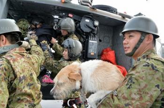 Typhoon No. 18 Crosses the Archipelago Record rainfall in Ibaraki and Tochigi Torrential rain in eastern Japan Self defense forces personnel putting a dog on a helicopter that came to the rescue on the roof of a commercial facility  Apita  in Joso City, Ibaraki Prefecture, Japan, September 11, 2015, 6:47 a.m. Photo by Takehiko Onishi