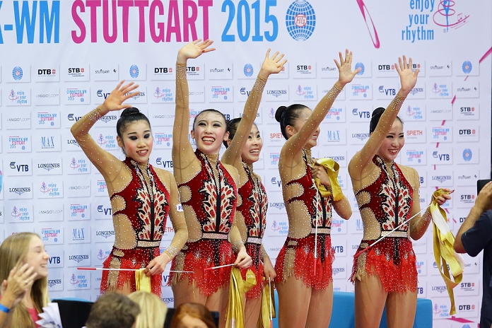 2015 Rhythmic Gymnastics World Championships Team Events Ribbon Finals Bronze medal for Japan Japan team group  JPN , SEPTEMBER 13, 2015   Rhythmic Gymnastics : Team Japan celebrate their bronze medal during the Groups Apparatus Final of the Rhythmic Gymnastics World Championships at the Porsche Arena in Stuttgart, Germany.  Photo by AFLO   2268 