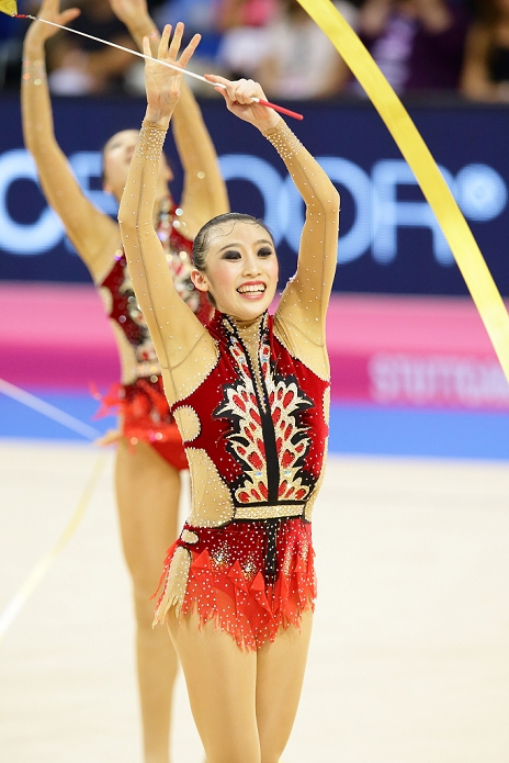 2015 Rhythmic Gymnastics World Championships Team Events Ribbon Finals Mao Kunii  JPN , SEPTEMBER 13, 2015   Rhythmic Gymnastics : Mao Kunii of Japan competes during the Groups Apparatus Final of the World Championships at the Porsche Arena in Stuttgart, Germany.  Photo by AFLO   2268 .