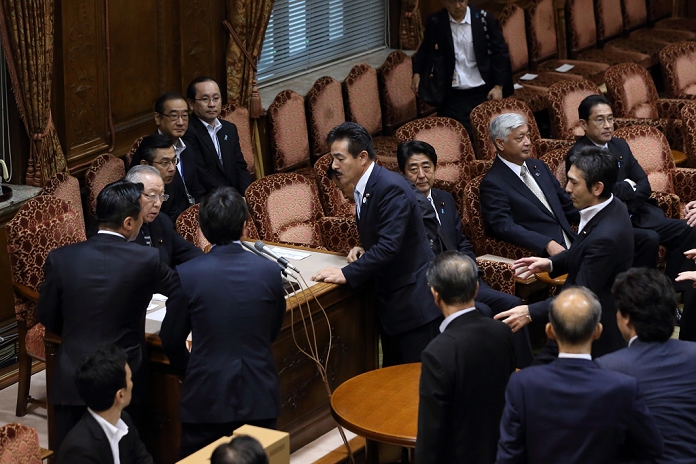 Security Bill comes to a close for a vote Passed by the House of Councillors Special Committee Lawmakers mob around Yoshitada Konoike chairman of the upper s house special committee on security legislation at National Diet Tokyo Japan on 17 Sep 2015.  Photo by Motoo Naka AFLO 