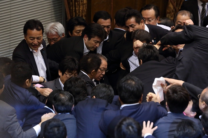 Security Bill comes to a close for a vote Passed by the House of Councillors Special Committee Lawmakers mob around Yoshitada Konoike chairman of the upper s house special committee on security legislation at National Diet Tokyo Japan on 17 Sep 2015.  Photo by Motoo Naka AFLO 