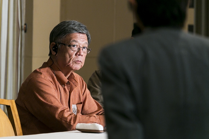 Okinawa Governor Okinawan Governor Onaga held a press conference on the Futenma base relocation plan. Takeshi Onaga, Governor of Okinawa listens to questions from a journalist during a press conference at the Foreign Correspondents  Club of Japan on September 24, 2015, Tokyo, Japan. Onaga criticized Prime Minister Shinzo Abe s governments  support for the relocation of the Futenma U.S. Marine Air Station from Ginowan City to Henoko in Nago City, Okinawa, and also said that he would revoke permits for construction of the new base granted by his predecessor. Many Okinawa citizens support Onaga and are protesting to block the construction. On Monday the governor called for international support to stop the relocation of the US base in his prefecture during a meeting of the UN Human Rights Council in Geneva, arguing that the island has been immersed in crimes and environmental problems as a result of the American bases.  Photo by Rodrigo Reyes Marin AFLO 