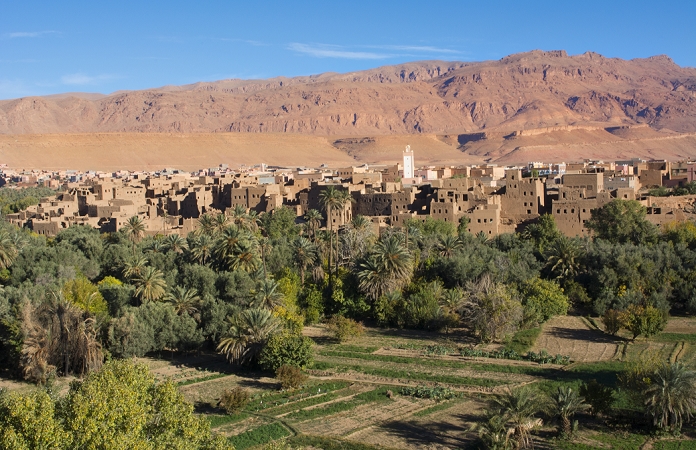 Tinerir Oasis, Morocco Morocco Atlas Mountains Tinghir Oasis and  village with beautiful mountains and green palm trees