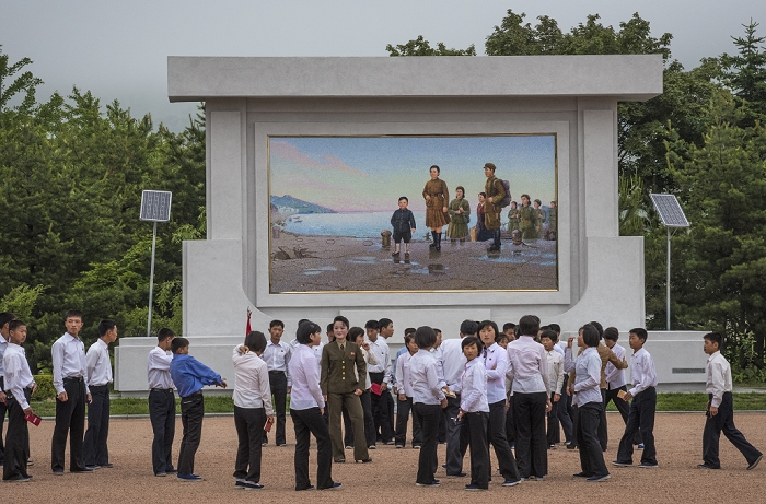 North Korea Rasen Mural depicting Kim Il Sung s wife, Kim Jong Suk, and children in Rason City, June 23, 2015.