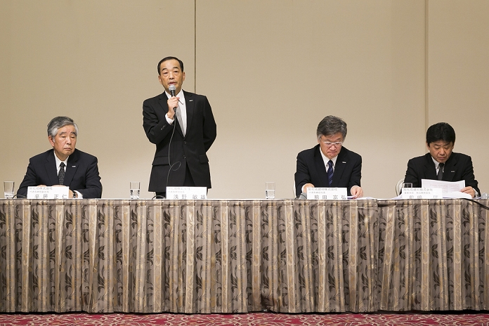 Yokohama Condominium Tipping Issue Asahi Kasei president and others apologize at press conference Asahi Kasei Corporation president Toshio Asano speaks during a press conference on October 20, 2015, Tokyo, Japan. The Japanese construction firm apologized and answered journalists questions during a two hour conference about the involvement of subsidiary, Asahi Kasei Construction Material Corp., in defective concrete piling work and data falsification for a tilting condominium building in Yokohama south of Tokyo. Asahi Kasei will check the subsidiary s piling work data for other buildings in the past decade and has promised to rebuild the tilting apartment block. Pictured, L to R: Asahi Kasei Corporation vice president Masahito Hirai, president Toshio Asano, Asahi Kasei Construction Materials Corp. president Tomihiro Maeda, Asahi Kasei Construction Materials Corp. Product Development manager Tadashi Maejima.  Photo by Rodrigo Reyes Marin AFLO 