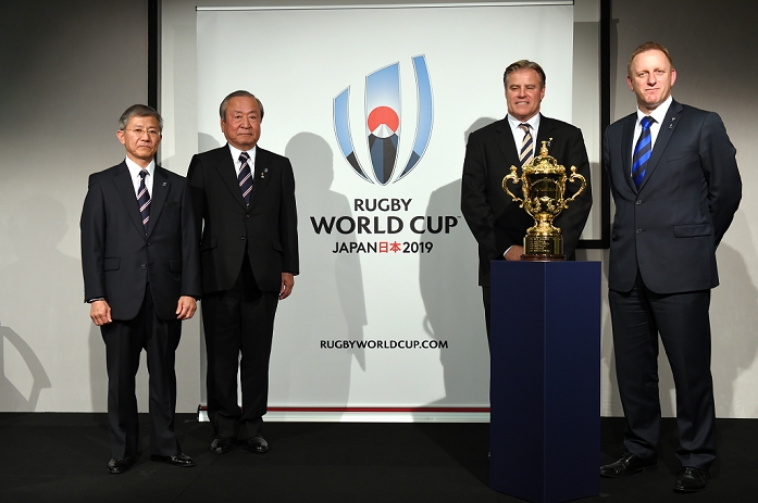 2019 Rugby World Cup Preview. Official logo for the tournament unveiled  L R  Noriyuki Sakamoto, Akira Shimazu, Brett Gosper, Alan Gilpin, OCTOBER 27, 2015   Rugby : IRB Rugby World Cup 2019 Press Conference at The Queen Elizabeth II Conference Centre in London, Great Britain. Photo by FAR EAST PRESS AFLO 