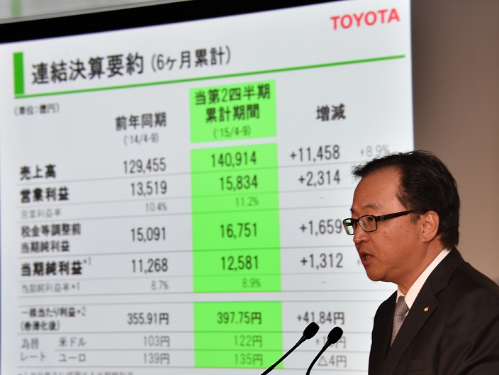 Sales and Operating Profit Record Highs Toyota Announces Interim Financial Results November 5, 2015, Tokyo, Japan   Managing officer Tetsuya Otake of Toyota Motor Corp.speaks during a news confernce at its head office in Tokyo on Thursday, November 5, 2015. Toyota reported a 13.5 percent increase in quarterly profit thanks to strong sales, cost cuts and a favorable exchange rate. Toyota said July September profit of 611.7 billion yen, up from 539 billion yen the previous year.   Photo by Natsuki Sakai AFLO  AYF  mis 