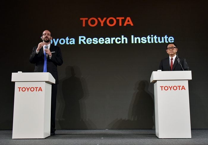 Artificial Intelligence R D Base Toyota established on the West Coast of the U.S. November 6, 2015, Tokyo, Japan   Dr. Gill Pratt, a former Defense Advanced Research Projects Agency program manager, speaks during a news conference at a Dr. Pratt will head Toyota s new research and development center in California s Silicon Valley. The world s largest automaker will invest one billion dollars over the next five years to the Toyota Research Institute to focus on artificial intelligence and robotics. Toyota President Akio Toyoda is at right.  Photo by Natsuki Sakai AFLO  AYF  mis 
