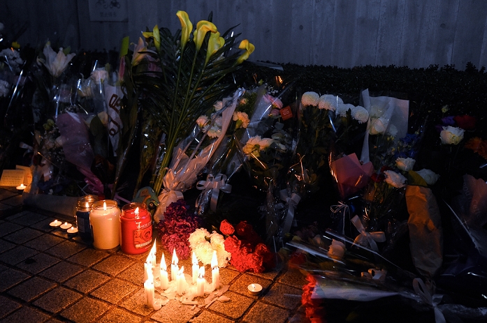 Paris Terrorist Attacks. Mourning the Victims in Tokyo Candles and flowers are left in remembrance of the victims of the Paris attacks outside the the French Embassy on November 15, 2015, in Tokyo, Japan.  Photo by AFLO 