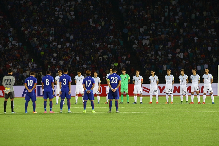 2018 FIFA World Cup Asia 2nd Preliminary Round Remembering the Victims of the Paris Terrorist Attacks Two team group line up, NOVEMBER 17, 2015   Football   Soccer : Players observe a minute s silence for the victims of the Paris attacks before the FIFA World Cup Russia 2018 Asian Qualifier Second Round Group E match between Cambodia and Japan at Phnom Penh the National stadium, in Cambodia.  Photo by AFLO   2268 