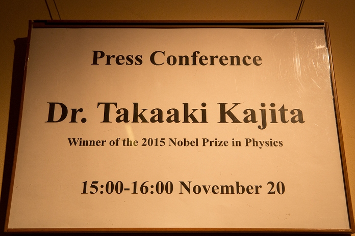 Nobel Prize winner Mr. Kajita Press Conference at Foreign Correspondents  Club of Japan Winner of the 2015 Nobel Prize in Physics Takaaki Kajita, hold conference in Foreign Correspondent Club of Japan in Tokyo. He won the price for leading a team that determined ephemeral particles called neutrinos have mass. Discovery had a weighty impact on what is called the Standard Model of physics, the theory that describes all known subatomic particles and their interactions.  Photo by Martin Hladik AFLO 