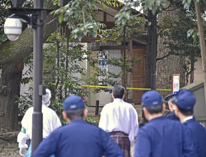 Explosion  at Yasukuni Shrine Burning public toilets A toilet at Yasukuni Shrine, where an explosion was reported at 11:02 a.m. on March 23 in Chiyoda Ward, Tokyo.
