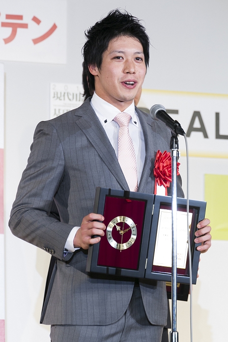 2015 New Words and Buzzwords of the Year Bakuhatsu  and  triple three.  Japanese baseball player Tetsuto Yamada, winner of the   Ryukogo Taisho 2015   awards speaks during the ceremony on December 1, 2015, Tokyo, Japan. The Ryukogo Taisho prize is awarded for the most popular vogue words or buzzwords from the year that were commonly used among the Japanese public. The person or group who spread that particular word or phrase receives the prize which usually goes to comedians or a public figure.  Photo by Rodrigo Reyes Marin AFLO 