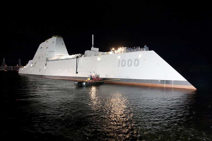 Military Armed Forces of the World United States of America Missile Destroyer The  Zumwalt   October 28, 2013  131028 O ZZ999 103BATH, Maine  Oct. 28, 2013  The Zumwalt class guided missile destroyer DDG 1000 is floated out of dry dock at the General Dynamics Bath Iron Works shipyard. The ship, the first of three Zumwalt class destroyers, will provide independent forward presence and deterrence, support special operations forces and operate as part of joint and combined expeditionary forces. The lead ship and class are named in honor of former Chief of Naval Operations Adm. Elmo R.  Bud  Zumwalt Jr., who served as chief of naval operations from 1970 1974.  U.S. Navy photo courtesy of General Dynamics Released 