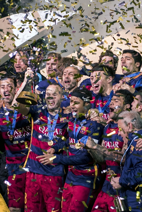 2015 FIFA Club World Cup Barcelona wins for the third time Barcelona team group, DECEMBER 20, 2015   Football   Soccer : Andres Iniesta of Barcelona celebrates with the trophy after winning the FIFA Club World Cup Japan 2015 Final match between River Plate 0 3 FC Barcelona at International Stadium Yokohama in Kanagawa, Japan.  Photo by Maurizio Borsari AFLO 