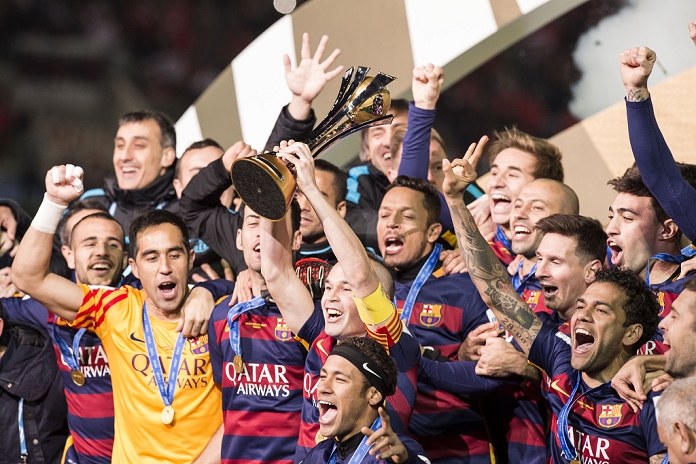 2015 FIFA Club World Cup Barcelona wins for the third time Barcelona team group, DECEMBER 20, 2015   Football   Soccer : Andres Iniesta of Barcelona holds the trophy as he celebrates with his teammates after winning the FIFA Club World Cup Japan 2015 Final match between River Plate 0 3 FC Barcelona at International Stadium Yokohama in Kanagawa, Japan.  Photo by Enrico Calderoni AFLO SPORT 