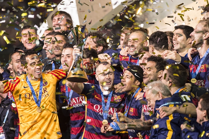 2015 FIFA Club World Cup Barcelona wins for the third time Barcelona team group, DECEMBER 20, 2015   Football   Soccer : Andres Iniesta of Barcelona holds the trophy as he celebrates with his teammates after winning the FIFA Club World Cup Japan 2015 Final match between River Plate 0 3 FC Barcelona at International Stadium Yokohama in Kanagawa, Japan.  Photo by Enrico Calderoni AFLO SPORT 