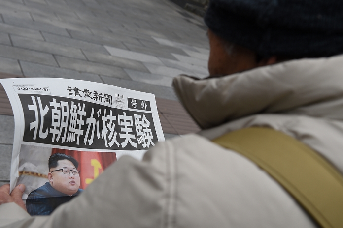 Artificial tremors in North Korea First successful hydrogen bomb test announced A passerby picks up a special edition newspaper in Ginza, Tokyo, Japan on January 6th, 2016., carrying the news that North Korea has tested a hydrogen bomb. North Korean media on Wednesday morning reported claims that North Korea had successfully detonated a hydrogen bomb at 10am local time. The test was also linked to an artificial earthquake of magniture 5.1 near the purported test site of Punggye ri.  Photo by AFLO 