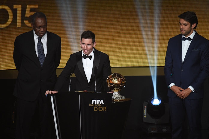FIFA Ballon d Or Awards Ceremony Messi wins his fifth Ballon d Or  L R  Issa Hayatou, Lionel Messi, Kaka, JANUARY 11, 2016   Football   Soccer : Lionel Messi speaks after receiving the FIFA Ballon d Or trophy during the FIFA Ballon d Or 2015 Gala at Kongresshaus in Zurich, Switzerland.  Photo by Enrico Calderoni AFLO SPORT 