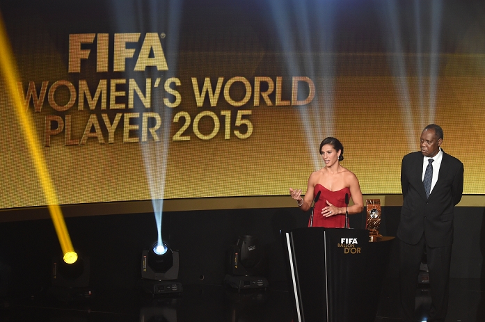 FIFA Ballon d Or Awards Ceremony Lloyd wins Player of the Year Award  L R  Carli Lloyd, Issa Hayatou, JANUARY 11, 2016   Football   Soccer : Carli Lloyd delivers a speech after receiving the FIFA Women s World Player of the Year trophy during the FIFA Ballon d Or 2015 Gala at Kongresshaus in Zurich, Switzerland.  Photo by Enrico Calderoni AFLO SPORT 
