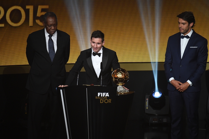 FIFA Ballon d Or Awards Ceremony Messi wins his fifth Ballon d Or  L R  Issa Hayatou, Lionel Messi, Kaka, JANUARY 11, 2016   Football   Soccer : Lionel Messi delivers a speech after receiving the FIFA Ballon d Or trophy during the FIFA Ballon d Or 2015 Gala at Kongresshaus in Zurich, Switzerland.  Photo by Enrico Calderoni AFLO SPORT 