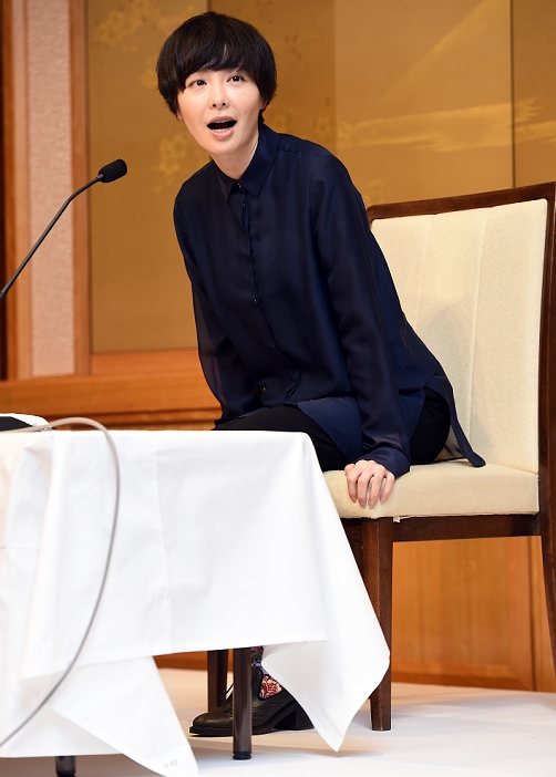 The 154th Akutagawa Award and Naoki Prize Press conference by the three winners Akutagawa Prize winner Yukiko Motoya takes her seat at the press conference on January 19, 2016  photo date 20160119  photo location Imperial Hotel, Tokyo, Japan
