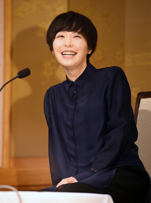 The 154th Akutagawa Award and Naoki Prize Press conference by the three winners Akutagawa Prize winner Yukiko Motoya smiles and expresses her joy on January 19, 2016  photo date 20160119  photo location Imperial Hotel, Tokyo, Japan
