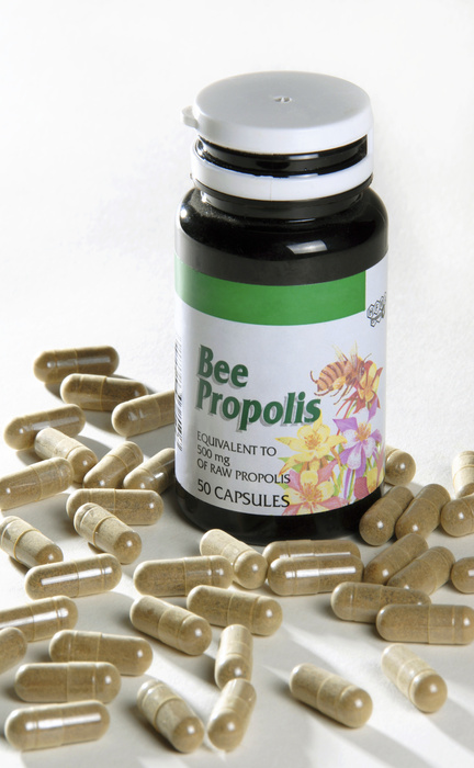 Propolis Supplement  Date taken unknown  Bee propolis supplements. b Propolis is a resinous substance obtained from honey bee hives. It has antibacterial effects and taken as a dietary supplement for its perceived health benefits.