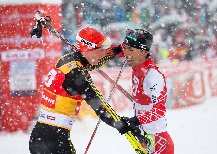 Nordic Combined World Cup Seefeld competition Akito Watabe 2nd place  L R  Eric Frenzel  GER , Akito Watabe  JPN , JANUARY 31, 2016   Nordic Combined : Winer Eric Frenzel of Germany and 2nd placed Akito Watabe of Japan celebrate after the Nordic Combined World Cup Men s Gundersen NH HS109 15.0 Km in Seefeld, Austria.