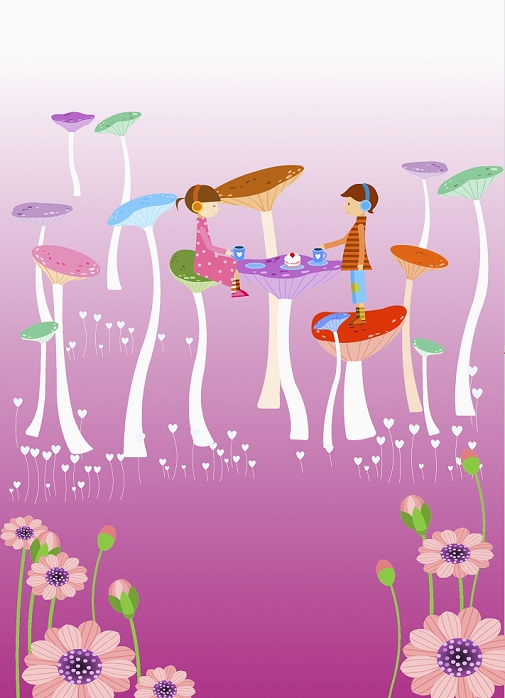 illustration of a couple on colourful mushrooms
