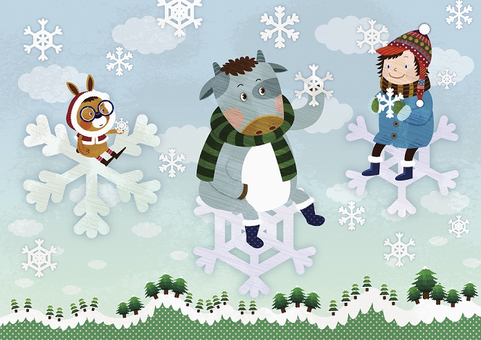 illustration of animals and a girl sitting on snowflakes