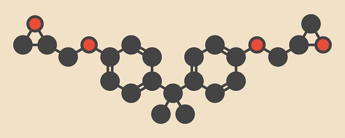 Bisphenol A diglycidyl ether (BADGE, DGEBA) epoxy glue constituent molecule. Stylized skeletal formula (chemical structure). Atoms are shown as color-coded circles: hydrogen (hidden), carbon (grey), oxygen (red).