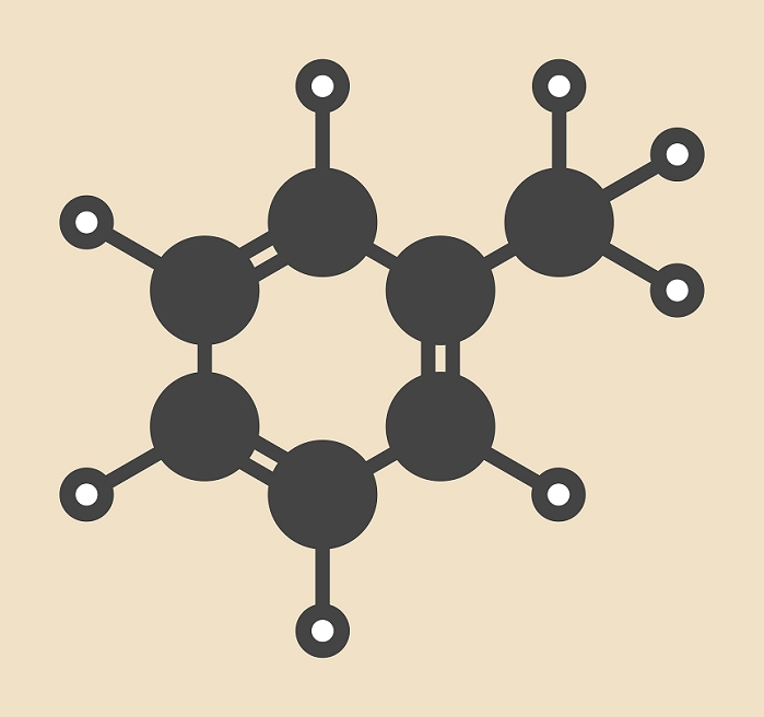 Toluene (methylbenzen, toluol) chemical solvent molecule. Stylized skeletal formula (chemical structure). Atoms are shown as color-coded circles: hydrogen (white), carbon (grey).