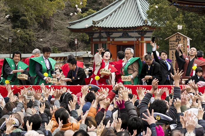  Caution for use Setsubun events in various parts of Japan Annual bean throwing at Shinsho ji Temple  L to R  Japanese actors Hiroshi Fujioka, Masao Kusakari, actress Atsuko Takahata and actor Masahiko Nishimura throw beans during a Setsubun festival at Naritasan Shinshoji Temple on February 3, 2016, in Chiba, Japan. Setsubun is an annual Japanese festival celebrated on February 3rd and marks the day before the beginning of Spring. Celebrations involve throwing soybeans  known as mamemaki  out of the house to protect against evil spirits and into the house to invite good fortune. In many Japanese families one member will wear an ogre mask whilst others throw beans at him or her. The celebration at Naritasan Shinshoji Temple is one of the biggest in Japan and organizers this year expect over 50,000 people to attend the event. Each year famous sumo wrestlers and actors are also invited to participate in throwing the beans.  Photo by Rodrigo Reyes Marin AFLO 