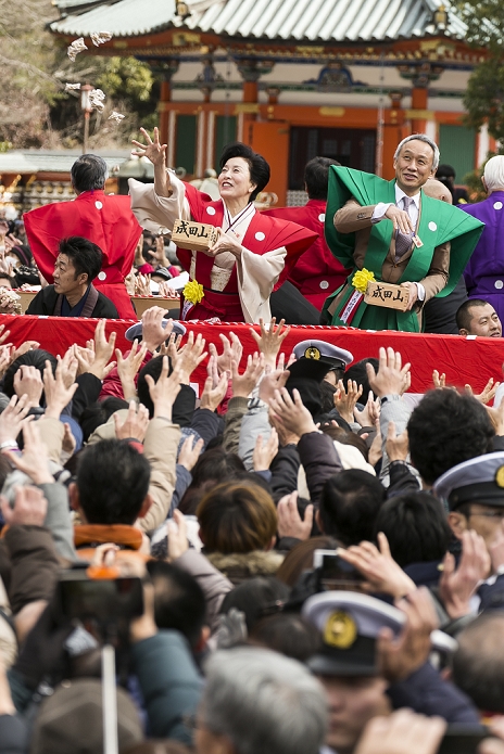  Caution for use Setsubun events in various parts of Japan Annual bean throwing at Shinsho ji Temple  L to R  Japanese actress Atsuko Takahata and actor Masahiko Nishimura throw beans during a Setsubun festival at Naritasan Shinshoji Temple on February 3, 2016, in Chiba, Japan. Setsubun is an annual Japanese festival celebrated on February 3rd and marks the day before the beginning of Spring. Celebrations involve throwing soybeans  known as mamemaki  out of the house to protect against evil spirits and into the house to invite good fortune. In many Japanese families one member will wear an ogre mask whilst others throw beans at him or her. The celebration at Naritasan Shinshoji Temple is one of the biggest in Japan and organizers this year expect over 50,000 people to attend the event. Each year famous sumo wrestlers and actors are also invited to participate in throwing the beans.  Photo by Rodrigo Reyes Marin AFLO 