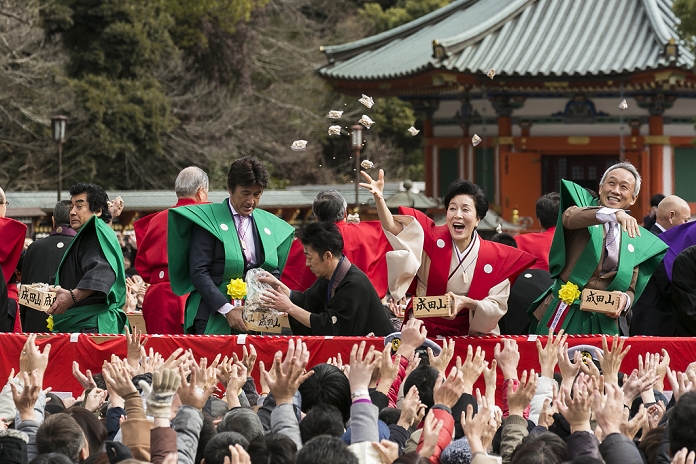  Caution for use Setsubun events in various parts of Japan Annual bean throwing at Shinsho ji Temple  L to R  Japanese actors Hiroshi Fujioka, Masao Kusakari, actress Atsuko Takahata and actor Masahiko Nishimura throw beans during a Setsubun festival at Naritasan Shinshoji Temple on February 3, 2016, in Chiba, Japan. Setsubun is an annual Japanese festival celebrated on February 3rd and marks the day before the beginning of Spring. Celebrations involve throwing soybeans  known as mamemaki  out of the house to protect against evil spirits and into the house to invite good fortune. In many Japanese families one member will wear an ogre mask whilst others throw beans at him or her. The celebration at Naritasan Shinshoji Temple is one of the biggest in Japan and organizers this year expect over 50,000 people to attend the event. Each year famous sumo wrestlers and actors are also invited to participate in throwing the beans.  Photo by Rodrigo Reyes Marin AFLO 