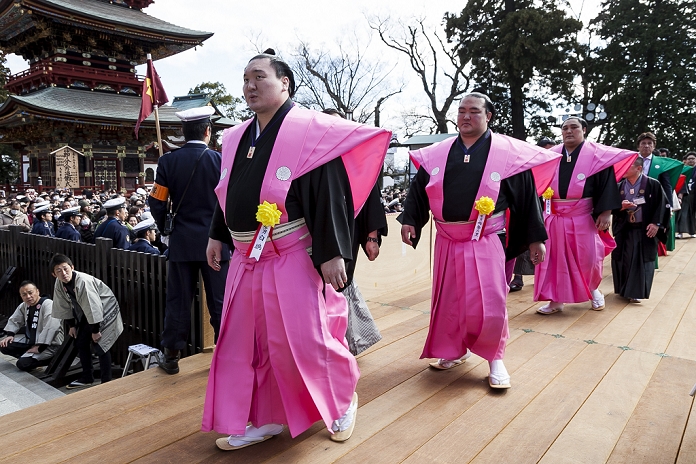  Caution for use Setsubun events in various parts of Japan Annual bean throwing at Shinsho ji Temple  L to R  Sumo wrestlers Yokozuna Hakuho Sho, Ozeki Kisenosato, Okinoumi Ayumi attend a Setsubun festival at Naritasan Shinshoji Temple on February 3, 2016, in Chiba, Japan. Setsubun is an annual Japanese festival celebrated on February 3rd and marks the day before the beginning of Spring. Celebrations involve throwing soybeans  known as mamemaki  out of the house to protect against evil spirits and into the house to invite good fortune. In many Japanese families one member will wear an ogre mask whilst others throw beans at him or her. The celebration at Naritasan Shinshoji Temple is one of the biggest in Japan and organizers this year expect over 50,000 people to attend the event. Each year famous sumo wrestlers and actors are also invited to participate in throwing the beans.  Photo by Rodrigo Reyes Marin AFLO 