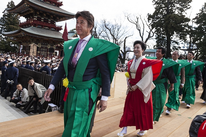  Caution for use Setsubun events in various parts of Japan Annual bean throwing at Shinsho ji Temple  L to R  Japanese actor Masao Kusakari, actress Atsuko Takahata, actor Hiroshi Fujioka, actor Masahiko Nishimura and actor Takahiro Fujimoto attend a Setsubun festival at Naritasan Shinshoji Temple on February 3, 2016, in Chiba, Japan. Setsubun is an annual Japanese festival celebrated on February 3rd and marks the day before the beginning of Spring. Celebrations involve throwing soybeans  known as mamemaki  out of the house to protect against evil spirits and into the house to invite good fortune. In many Japanese families one member will wear an ogre mask whilst others throw beans at him or her. The celebration at Naritasan Shinshoji Temple is one of the biggest in Japan and organizers this year expect over 50,000 people to attend the event. Each year famous sumo wrestlers and actors are also invited to participate in throwing the beans.  Photo by Rodrigo Reyes Marin AFLO 