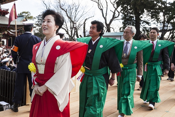  Caution for use Setsubun events in various parts of Japan Annual bean throwing at Shinsho ji Temple  L to R  Japanese actress Atsuko Takahata, actor Hiroshi Fujioka, actor Masahiko Nishimura and actor Takahiro Fujimoto attend a Setsubun festival at Naritasan Shinshoji Temple on February 3, 2016, in Chiba, Japan. Setsubun is an annual Japanese festival celebrated on February 3rd and marks the day before the beginning of Spring. Celebrations involve throwing soybeans  known as mamemaki  out of the house to protect against evil spirits and into the house to invite good fortune. In many Japanese families one member will wear an ogre mask whilst others throw beans at him or her. The celebration at Naritasan Shinshoji Temple is one of the biggest in Japan and organizers this year expect over 50,000 people to attend the event. Each year famous sumo wrestlers and actors are also invited to participate in throwing the beans.  Photo by Rodrigo Reyes Marin AFLO 