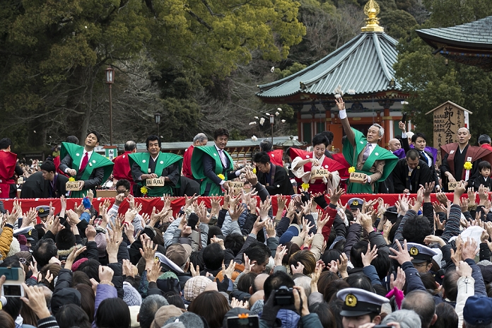  Caution for use Setsubun events in various parts of Japan Annual bean throwing at Shinsho ji Temple  L to R  Japanese actors Takahiro Fujimoto, Hiroshi Fujioka, Masao Kusakari, actress Atsuko Takahata, actor Masahiko Nishimura and Kabuki actor Ichikawa Ebizo XI, throw beans during a Setsubun festival at Naritasan Shinshoji Temple on February 3, 2016, in Chiba, Japan. Setsubun is an annual Japanese festival celebrated on February 3rd and marks the day before the beginning of Spring. Celebrations involve throwing soybeans  known as mamemaki  out of the house to protect against evil spirits and into the house to invite good fortune. In many Japanese families one member will wear an ogre mask whilst others throw beans at him or her. The celebration at Naritasan Shinshoji Temple is one of the biggest in Japan and organizers this year expect over 50,000 people to attend the event. Each year famous sumo wrestlers and actors are also invited to participate in throwing the beans.  Photo by Rodrigo Reyes Marin AFLO 