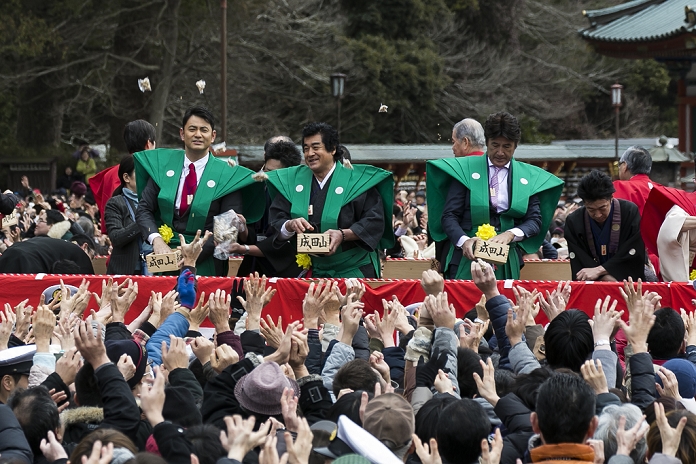  Caution for use Setsubun events in various parts of Japan Annual bean throwing at Shinsho ji Temple  L to R  Japanese actors Takahiro Fujimoto, Hiroshi Fujioka and Masao Kusakari throw beans during a Setsubun festival at Naritasan Shinshoji Temple on February 3, 2016, in Chiba, Japan. Setsubun is an annual Japanese festival celebrated on February 3rd and marks the day before the beginning of Spring. Celebrations involve throwing soybeans  known as mamemaki  out of the house to protect against evil spirits and into the house to invite good fortune. In many Japanese families one member will wear an ogre mask whilst others throw beans at him or her. The celebration at Naritasan Shinshoji Temple is one of the biggest in Japan and organizers this year expect over 50,000 people to attend the event. Each year famous sumo wrestlers and actors are also invited to participate in throwing the beans.  Photo by Rodrigo Reyes Marin AFLO 