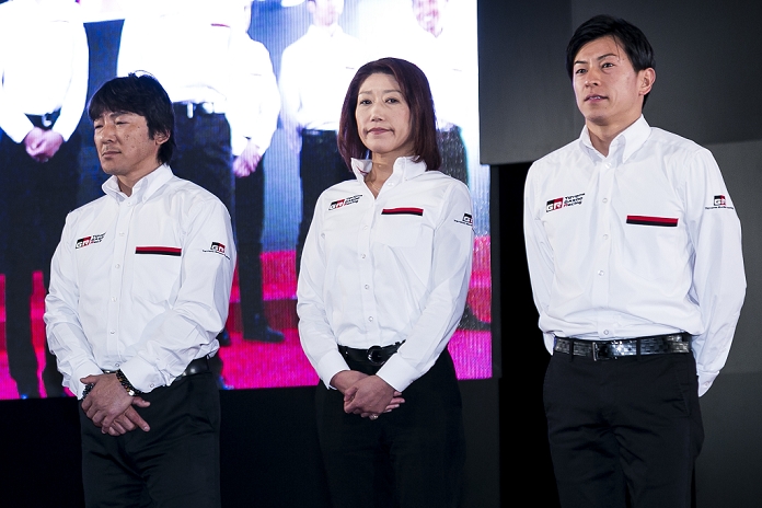 Toyota Announces Racing Activities Kamui Kobayashi to Participate in WEC  L to R  Toyota C HR Racing team Masahiko Kageyama, Kumi Sato and Hiroki Yoshida attend a press conference to announce Toyota GAZOO Racing team s new logo and schedule for 2016 at Toyota City Showcase on February 4, 2016, in Tokyo, Japan. Toyota Senior Managing Officer Kiyotaka Ise presented the team members and vehicles that will participate under a new logo in domestic and international competitions including NASCAR in USA, Dakar Rally in South America, and Super GT and Super Formula in Japan, in 2016. Toyota GAZOO Racing groups together all motorsports activities managed by Toyota Motor Corp.  Photo by Rodrigo Reyes Marin AFLO 