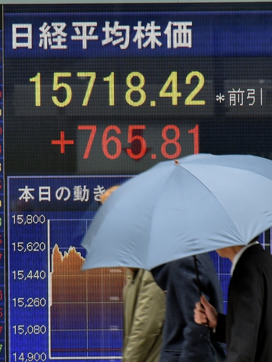 Nikkei 225 rebounds sharply Easing of credit concerns The 225 issue Nikkei Stock Average gained 765.81 points from Friday to Friday as investors  risk appetite revived on receding concerns about the financial sector in Europe. The 225 issue Nikkei Stock Average gained 765.81 points from Friday to 15,718.42.  Photo by Natsuki Sakai AFLO  Japanese stocks rebound on the Tokyo Stock Exchange market on Monday, February 15, 2016, as investors  risk appetite revived on receding concerns about the financial sector in Europe. The 225 issue Nikkei Stock Average gained 765.81 points from Friday to 15,718.42.  Photo by Natsuki Sakai AFLO  AYF  mis 