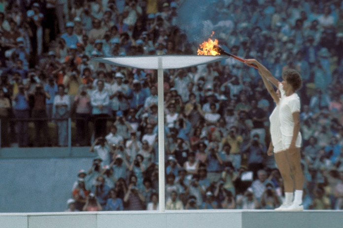 1976 Montreal Olympics Opening Ceremony General view, JULY 17, 1976 : Sandra Henderson and Stephane Prefontaine of Canada with the torch ignite the Olympic Flame Cauldron during the Opening Ceremony of the Montreal 1976 Olympic Games at Olympic Stadium in Montreal, Canada.  Photo by AFLO 