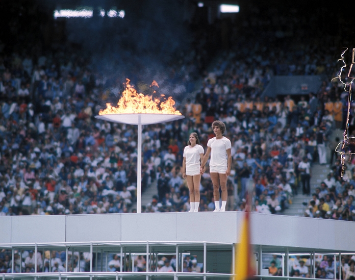 1976 Montreal Olympics Opening Ceremony General view, JULY 17, 1976 : Sandra Henderson and Stephane Prefontaine of Canada with the torch ignite the Olympic Flame Cauldron during the Opening Ceremony of the Montreal 1976 Olympic Games at Olympic Stadium in Montreal, Canada.  Photo by AFLO 