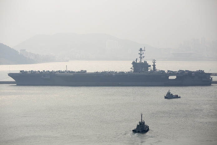 U.S. South Korea Joint Military Exercise U.S. Nuclear powered Aircraft Carrier Arrives in Busan The USS John C. Stennis, Mar 14, 2016 : U.S. nuclear powered supercarrier, the USS John C. Stennis is seen at a South Korean navy port in Busan, about 450 km southeast of Seoul, South Korea. The USS John C. Stennis  CVN 74  arrived in South Korea on March 13, 2016 to participate in the Key Resolve military drills between South Korea and the United States, which is held from March 7 18. The USS John C. Stennis is the U.S. Navy s seventh Nimitz class supercarrier, loaded with marine and navy aircraft including the F A 18 Hornet, EA 6B Prowler combat jets and the E 2C Hawkeye early warning aircraft.   Photo by Lee Jae Won AFLO   SOUTH KOREA 
