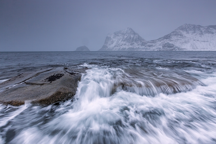 Norway Waves crashing on the rocks of the cold sea, Haukland, Lofoten Islands, Northern Norway, Scandinavia, Arctic, Europe, Photo by Roberto Moiola