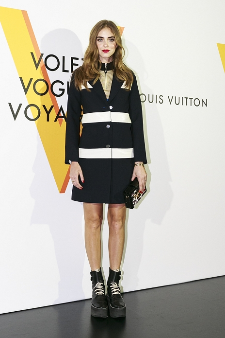 Italian model Chiara Ferragni poses for the cameras during the opening celebration for Louis Vuitton's ''Volez, Voguez, Voyagez'' exhibition on April 21, 2016, Tokyo, Japan. After a successful run in Paris, the luxury fashion brand now brings the instalment to Tokyo, which traces Louis Vuitton's history from 1854 to today. Some 1,000 objects, including rare trunks, photographs and handwritten client cards will be displayed. Japanese room will be set up specially for Japan, showcasing such rare items as makeup and tea ceremony trunks for kabuki actor Ebizo XI. The exhibition will be open to the public free of charge from April 23 to June 19. (Photo by Rodrigo Reyes Marin/AFLO)